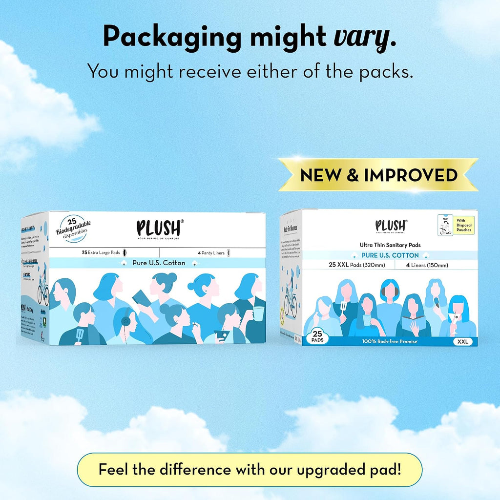Plush Ultra-Thin Sanitary Napkins for Women, 25 Pcs | Super Absorbent Heavy Flow XXL Pads + 4 Panty Liners | 100% Rash-Free | Pure U.S. Cotton XXL Sanitary Pads
