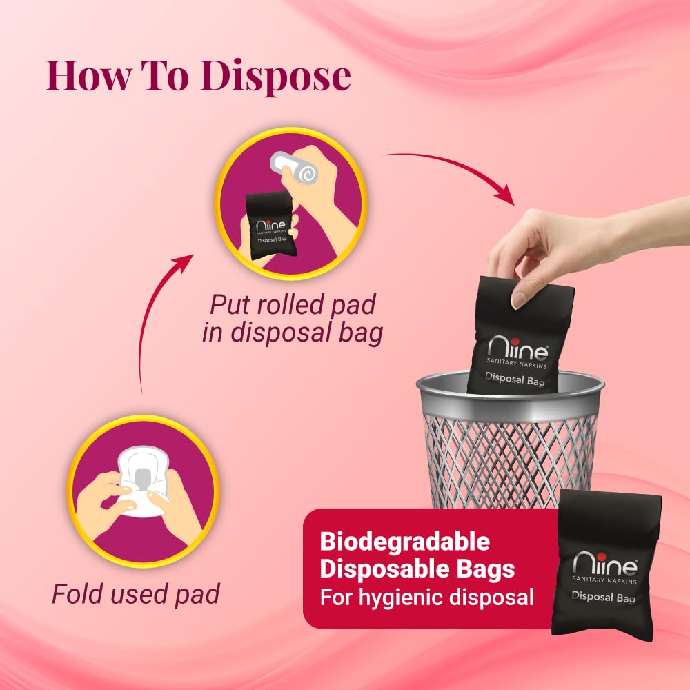 NIINE Naturally Soft Ultra Thin XL+ Sanitary Napkins for Heavy Flow (Pack of 2) 30 Pads with Free Biodegradable Disposal Bags