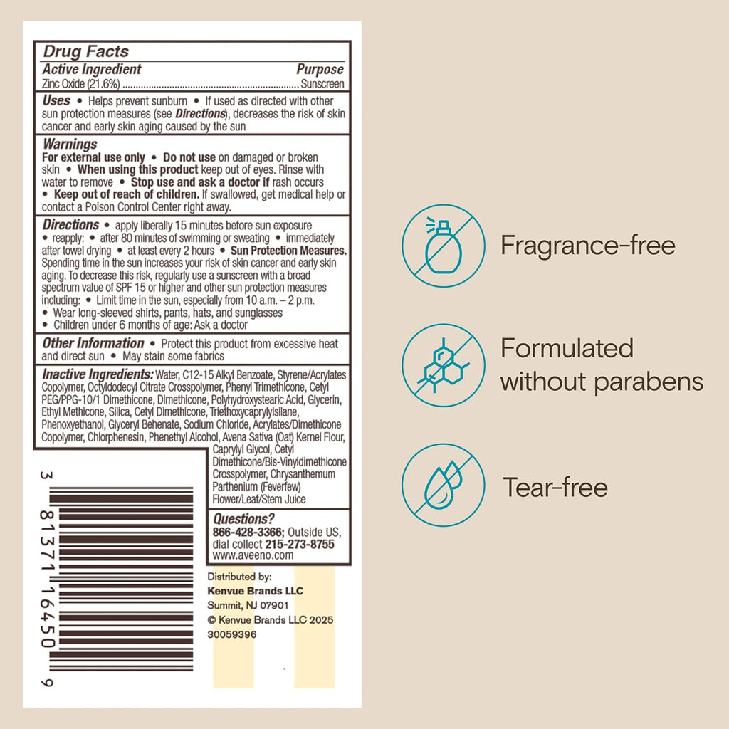 Aveeno Kids Continuous Protection Zinc Oxide Mineral Sunscreen Lotion for Children's Sensitive Skin with Broad Spectrum SPF 50, Tear-Free, Sweat- & Water-Resistant, Non-Greasy, 3 fl. oz