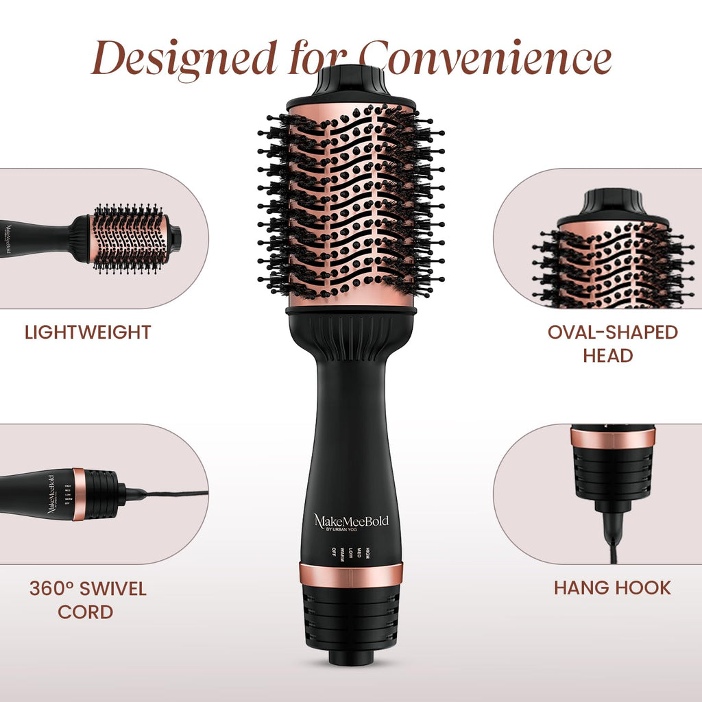 Urban Yog MakeMeeBold Hot Air Brush & Automatic Hair Curler | 2-in-1 Hair Dryer & Straightener Brush with 3 Temp, 2 Speed Settings, 360° Airflow
