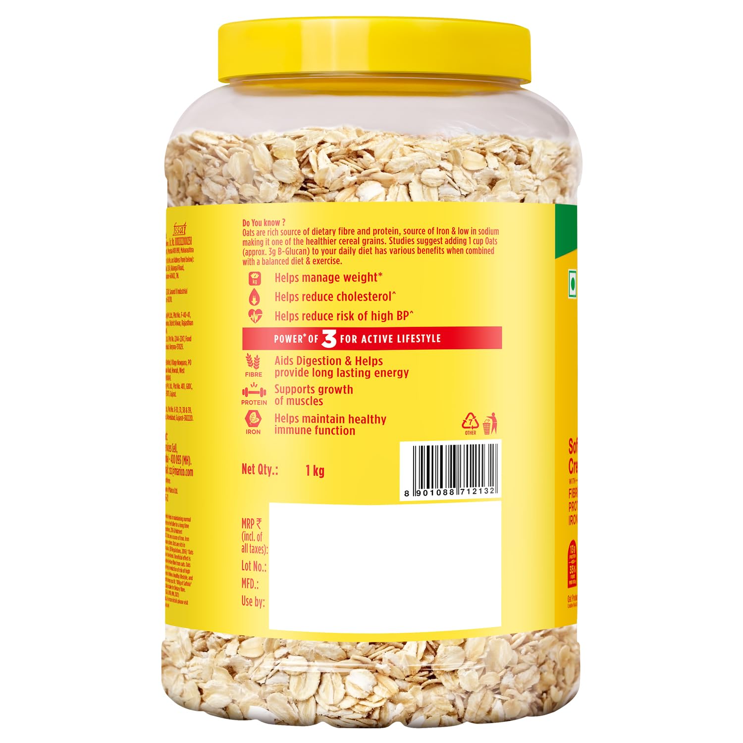 Saffola Rolled Oats Jar 1kg – 13g High Protein, 10g High Fibre | Jumbo Oats | Soft and Creamy | Helps manage weight
