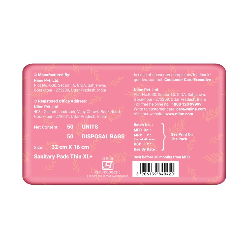 NIINE Naturally Soft Ultra Thin XL+ Sanitary Napkins for Heavy Flow (Pack of 3) 45 Pads with Free Biodegradable Disposal BagsNIINE Naturally Soft Ultra Thin XL+ Sanitary Napkins for Heavy Flow (Pack of 3) 45 Pads with Free Biodegradable Disposal Bags