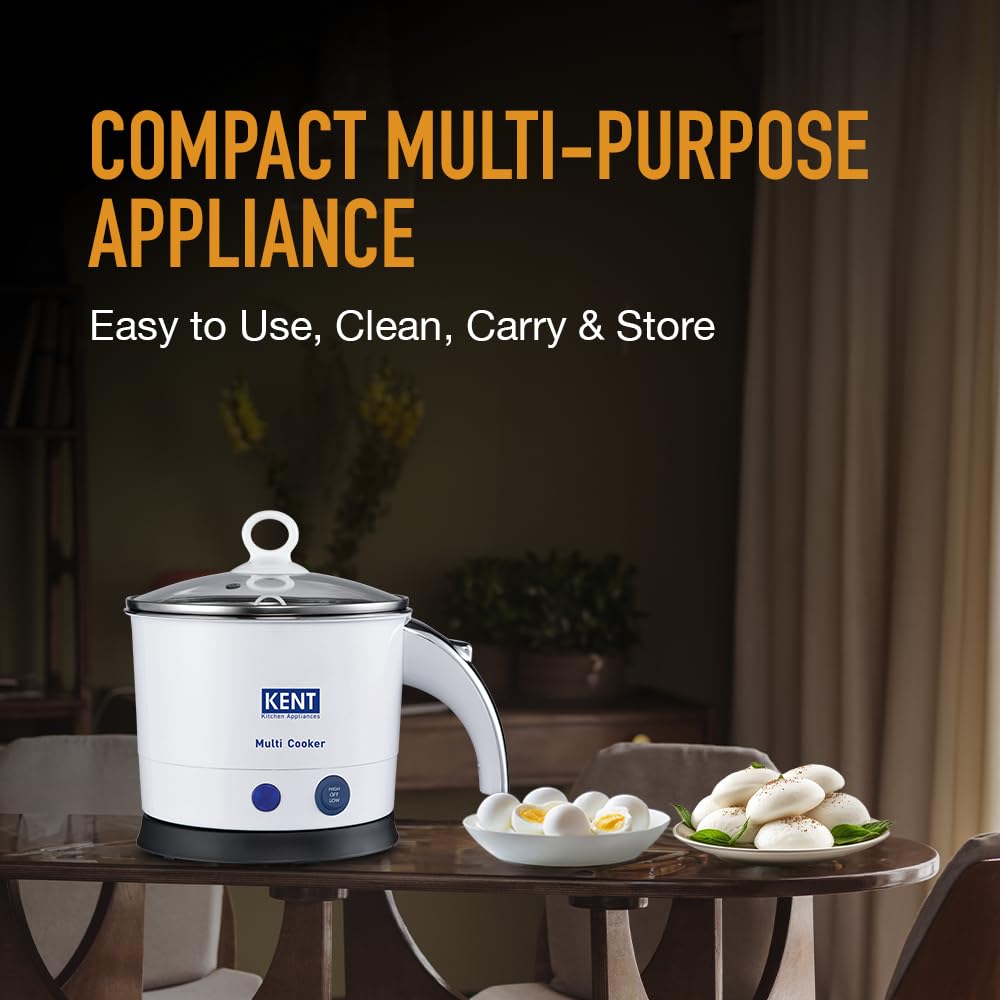 KENT Electric Multicooker Cum Steamer/Kettle 1.2L 800W| Boiling of Water, Tea,Eggs, Instant Noodle Maker, Steaming idlis, Momos |Inner Stainless Steel without joint and welding & Cool Touch Outer Body