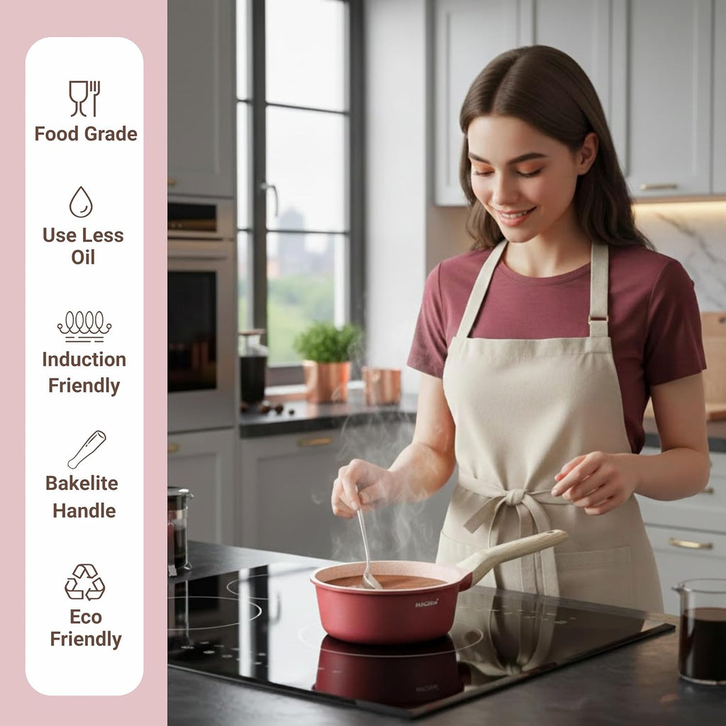 MACclite Butter Scotch Die Cast Non Stick Sauce Pan 18 cm Dia 2.0 Liter,Tea,Milk,Maggie Nonstick Sauce Pan with 5 Layer Coating,Gas & Induction Stove Friendly,Dishwasher Safe