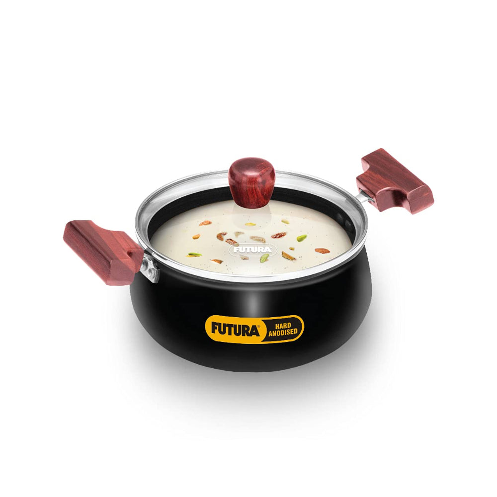 Hawkins Futura 2 Litre Cook n Serve Handi, Hard Anodised Biryani Handi with Glass Lid, Saucepan, Sauce Pan, Black (ACH20G) |Non-Stick