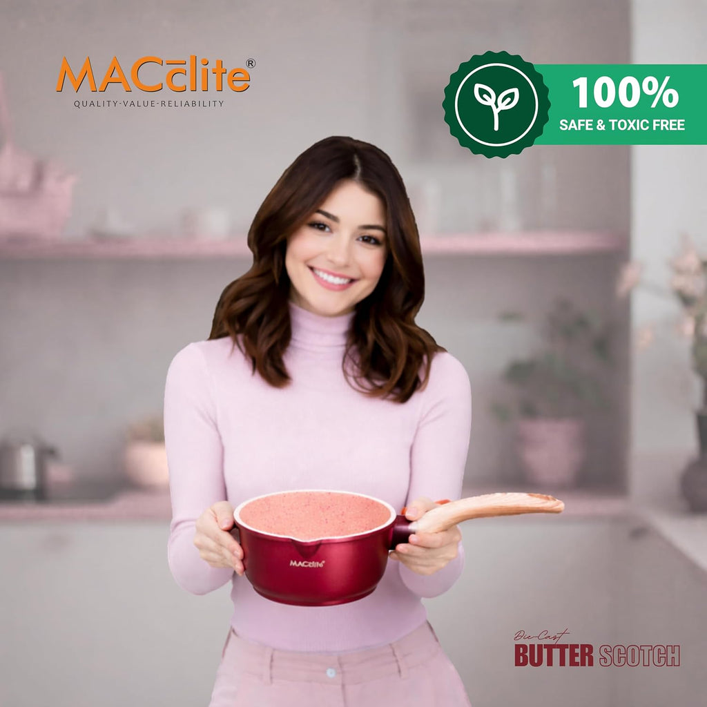 MACclite Butter Scotch Die Cast Non Stick Sauce Pan 16 cm Dia 1.4 Liter,Tea,Milk,Maggie Nonstick Sauce Pan with 5 Layer Coating,Gas & Induction Stove Friendly, PFOA&PFOS Free,Safe Healthy&Toxic-Free