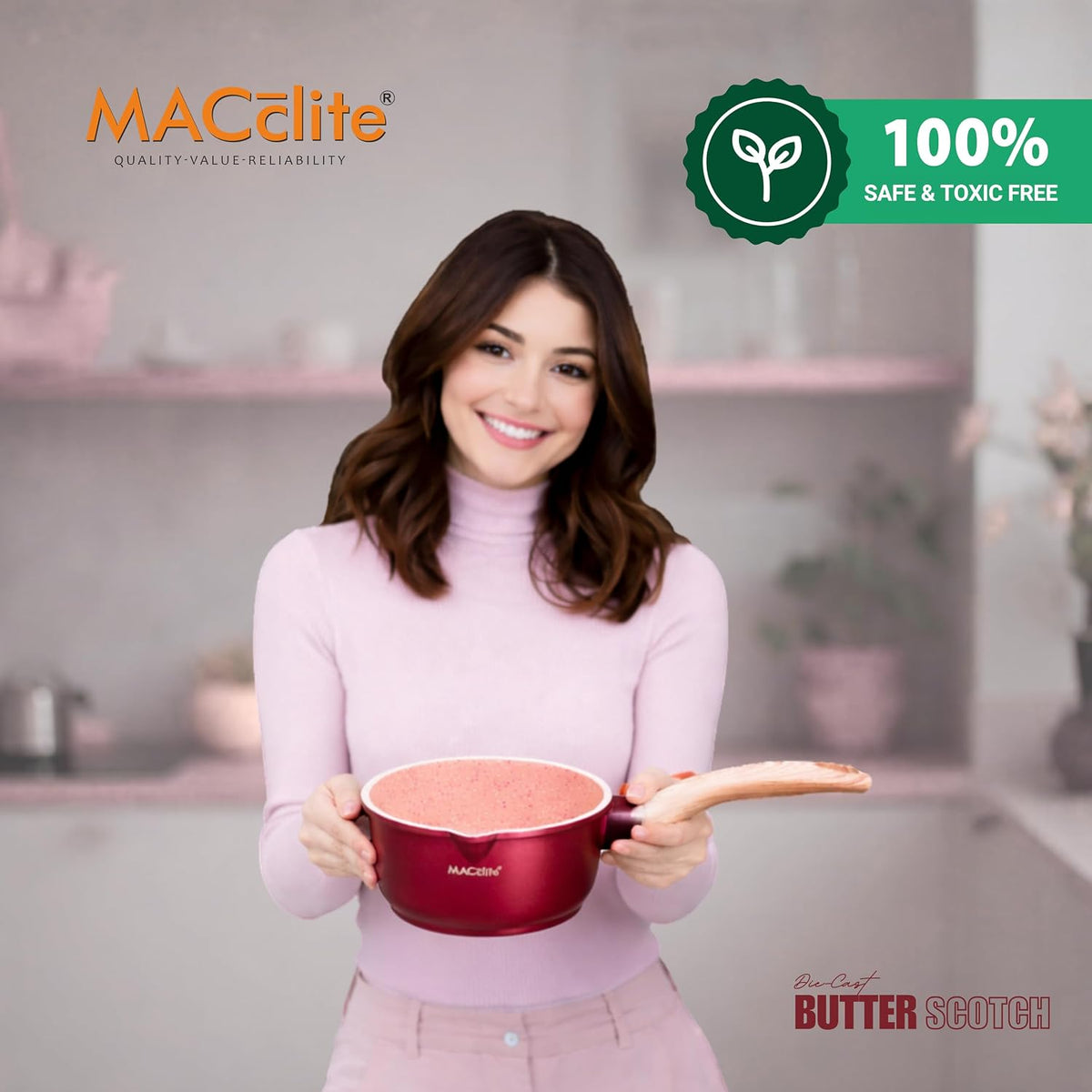 MACclite Butter Scotch Die Cast Non Stick Sauce Pan 16 cm Dia 1.4 Liter,Tea,Milk,Maggie Nonstick Sauce Pan with 5 Layer Coating,Gas & Induction Stove Friendly, PFOA&PFOS Free,Safe Healthy&Toxic-Free