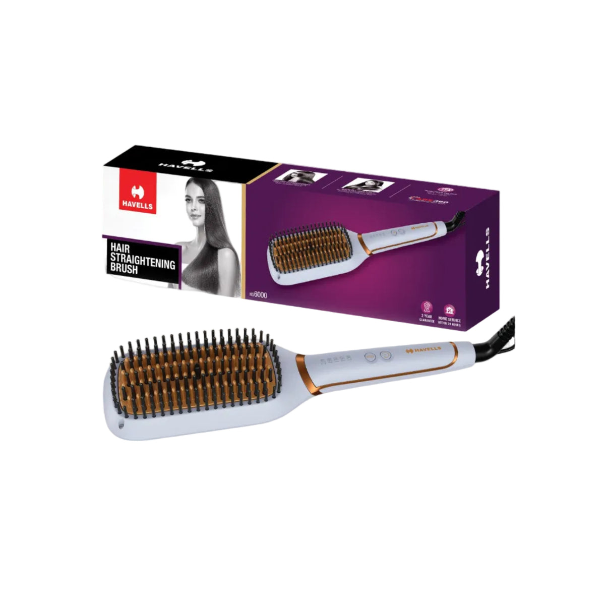 Havells Keratin Infused Hair Straightener Brush With Temperature Control For All Hair Types|Auto Shut off After 45 Minutes| 1.8mm Swivel Cord |2 Years Guarantee| HS6000