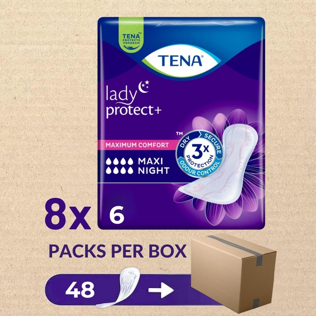 TENA Lady Maxi Night-time Bladder Control Pad for Heavy,Unexpected Urine Leaks | 48 Pcs | Postpartum or Post-surgery Pad | Upto 12 hrs Dryness | 39.4 Cm Long | World's Leading Incontinence Brand