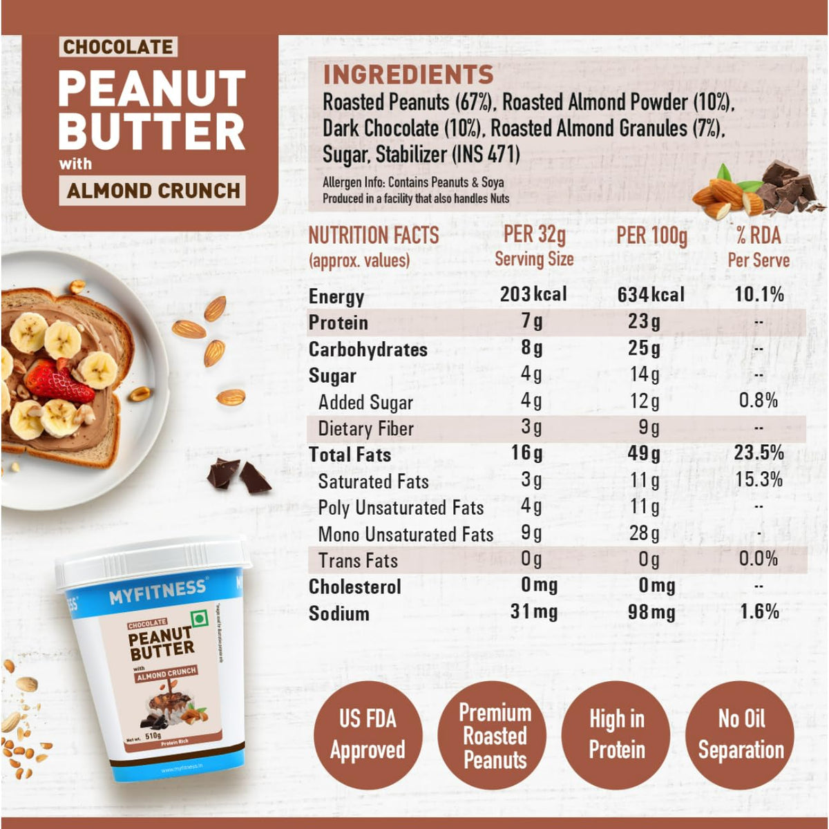 MYFITNESS Peanut Butter Chocolate Spread with Almond Crunch 510g