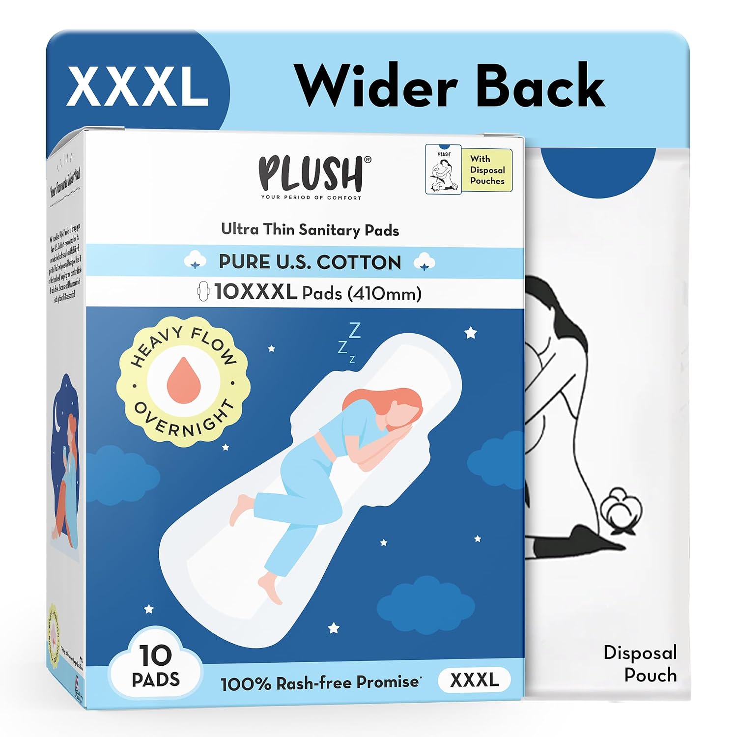 Plush Ultra-Thin 10 XXXL - 410mm All Night Sanitary Pads For Women | Super Absorbent, Heavy Flow & Rash Free | Pure U.S. Cotton Sanitary
