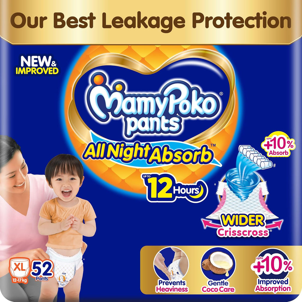 MamyPoko New Pants All Night Absorb|Pant Style Baby Diapers X- Large Size(XL), 52 Count, Ideal for 12-17Kgs|1 Diaper= Upto All Night Absorption now with 10% increased power|Wider Crisscross Sheet