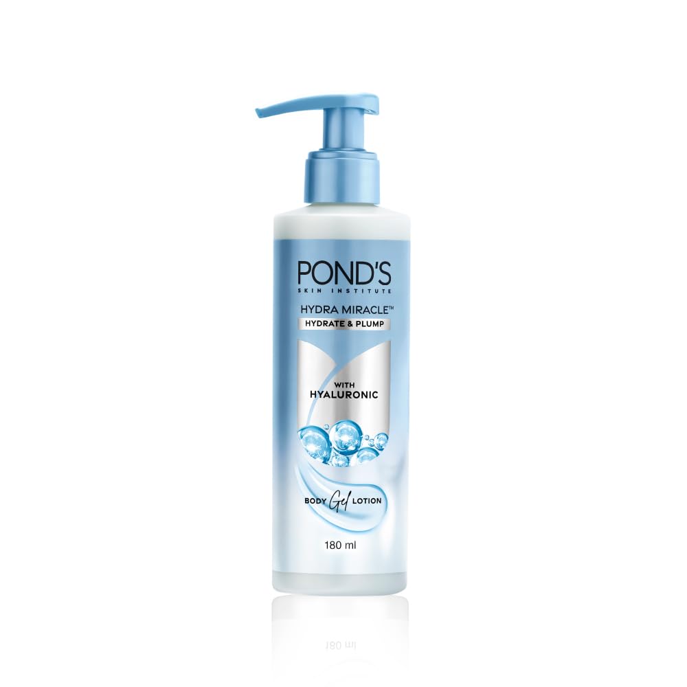 Pond's Hydra Miracle Hydrating Gel Body Lotion | Gives Hydrated Plump Skin| Hyaluronic Acid & Vitamin E & Niacinamide Infused Quick Absorbing Non-Sticky Gel Moisturizer, 180ml