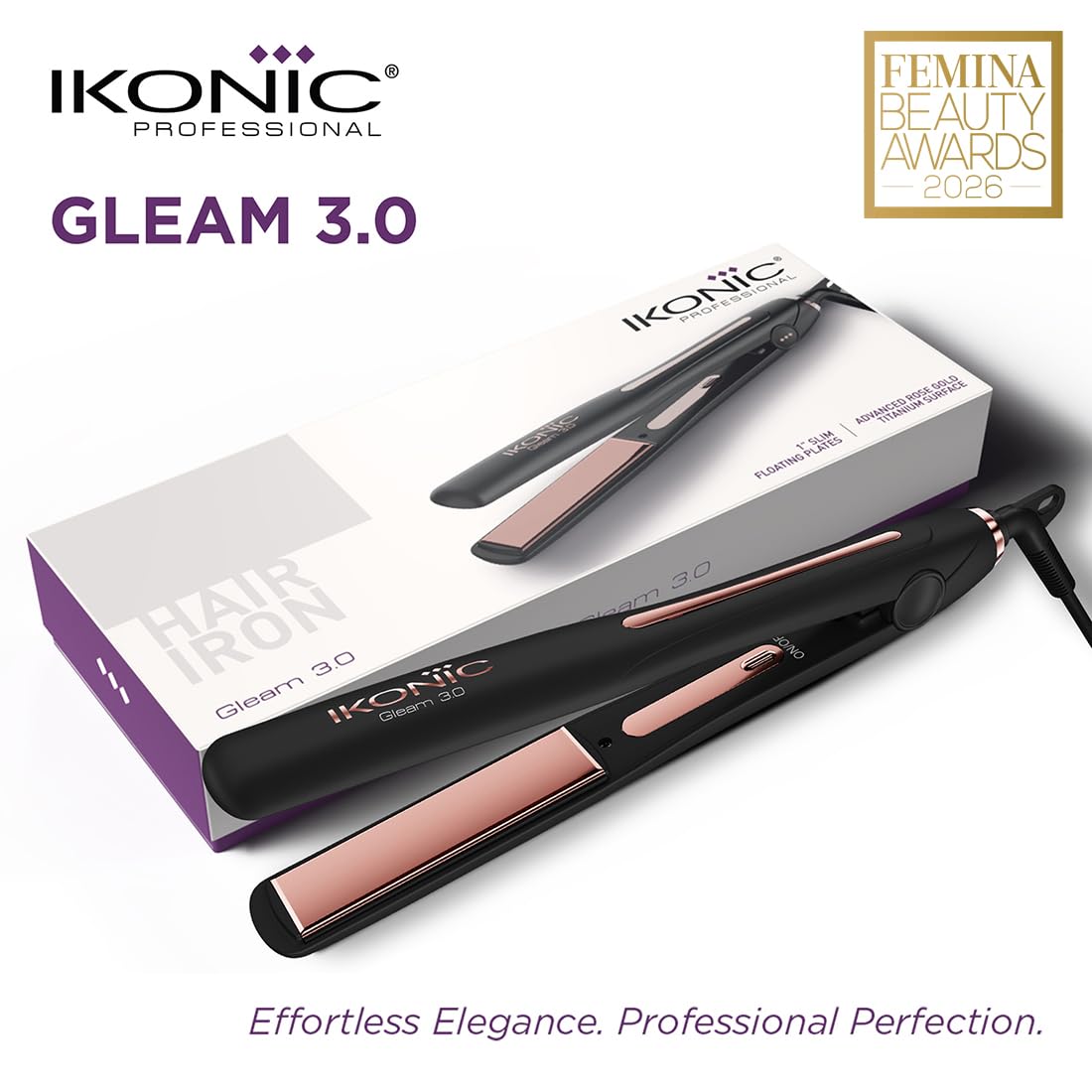 Ikonic Professional Gleam 3.0 Hair Straightener For Women, 1 Inch Titanium Rose Gold Floating Plates,Digital Temperature Control 150°C-230°C , Instant Heat-Up , Auto Shut-Off Safety, Professional Salon Hair Styling, Black