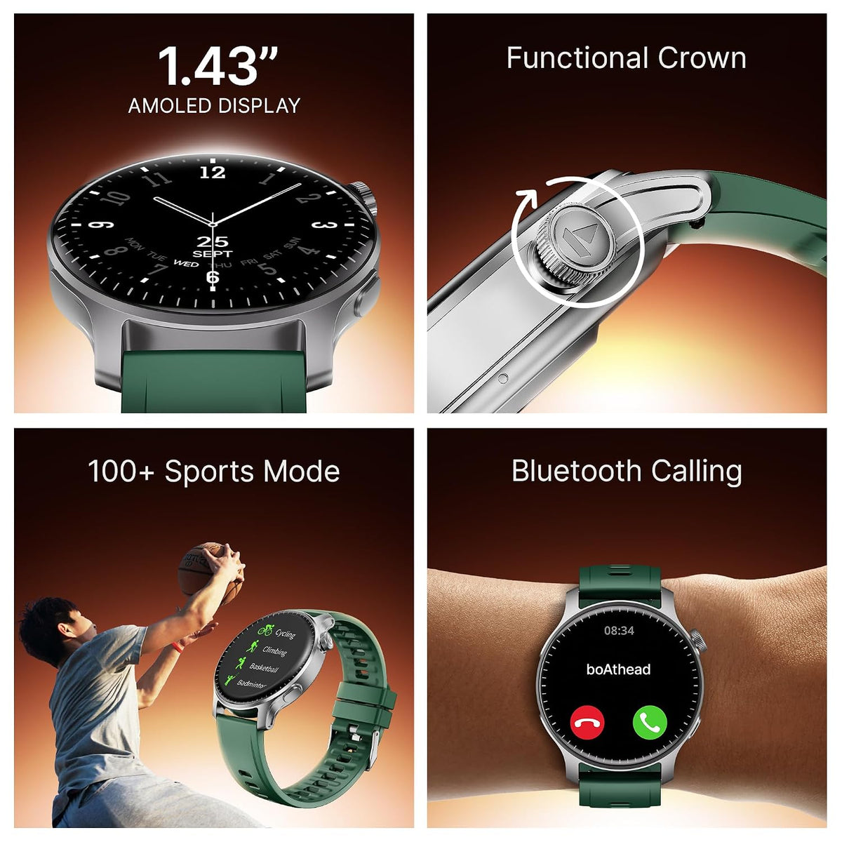 boAt Ultima Prime smartwatch with 1.43” AMOLED Display, AOD, Personalized Fitness Nudges, Functional Crown,100+ Sports Modes, Create Your Own Watchface, smartwatch for man and Woman (Forest Green)