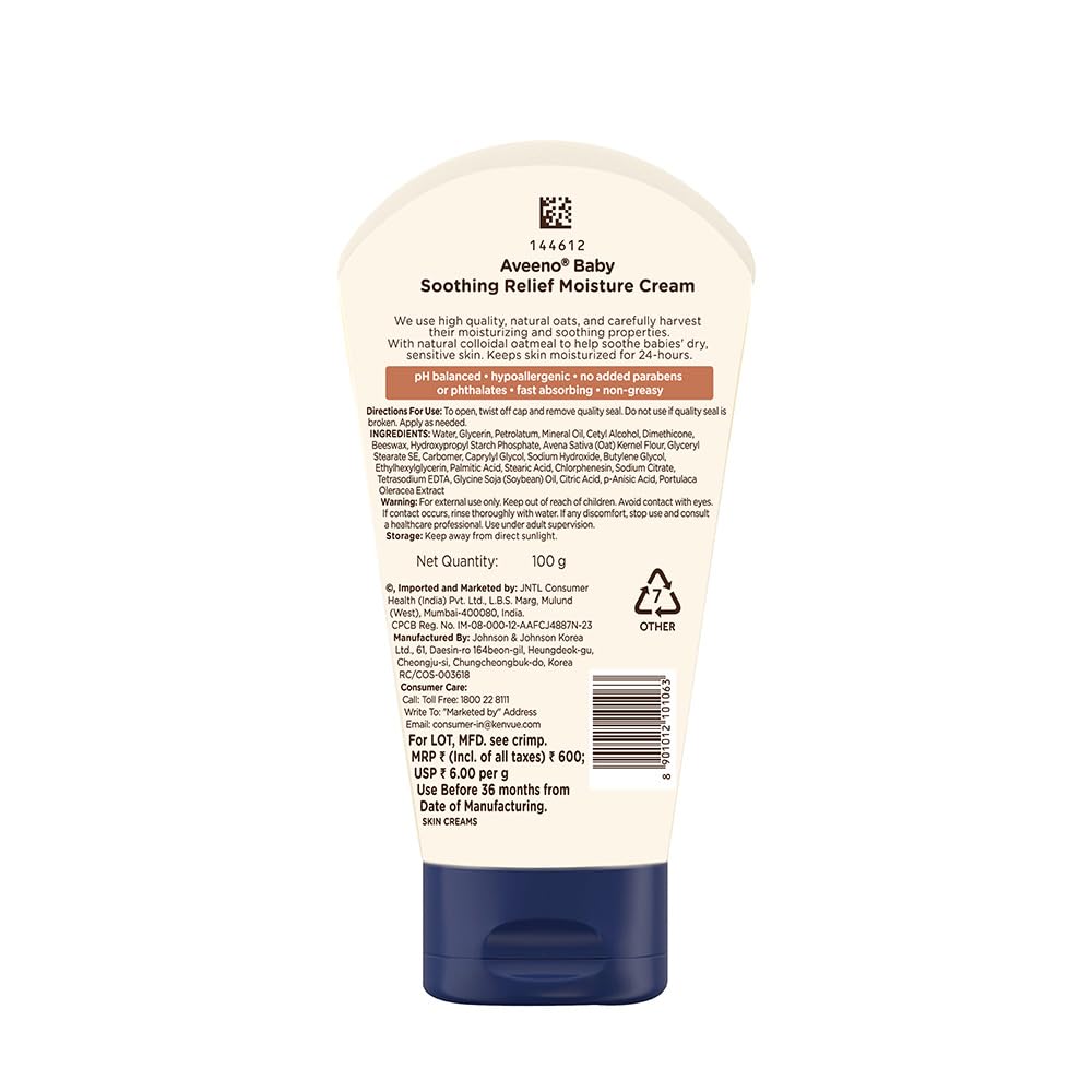 Aveeno Baby Soothing Relief Moisture Cream 100G 24-Hour Protection Dry, Itchy, Sensitive Skin|Clinically Proven|Active Oats|Us Pediatrician Recommended|Hypoallergenic, Fragrance-Free & Paraben-Free