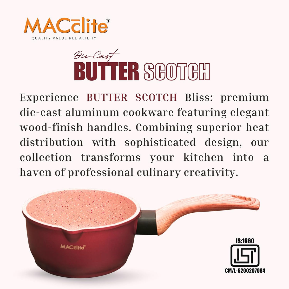 MACclite Butter Scotch Die Cast Non Stick Sauce Pan 16 cm Dia 1.4 Liter,Tea,Milk,Maggie Nonstick Sauce Pan with 5 Layer Coating,Gas & Induction Stove Friendly, PFOA&PFOS Free,Safe Healthy&Toxic-Free