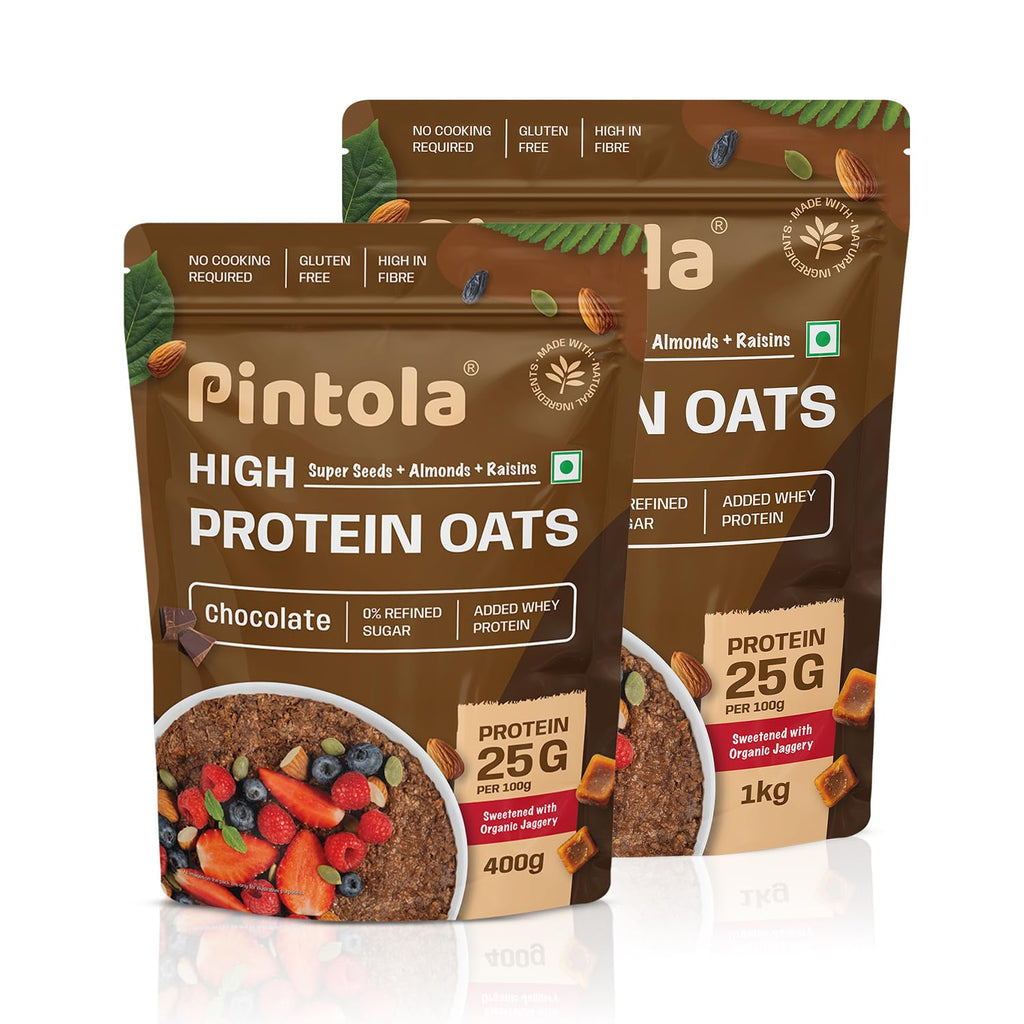 Pintola High-Protein Oats Combo: Dark Chocolate 1kg + 400g | 22g Protein, No Refined Sugar, Almonds, Raisins, Pumpkin & Chia Seeds, 8g Fibre, Gluten-Free Breakfast Cereal