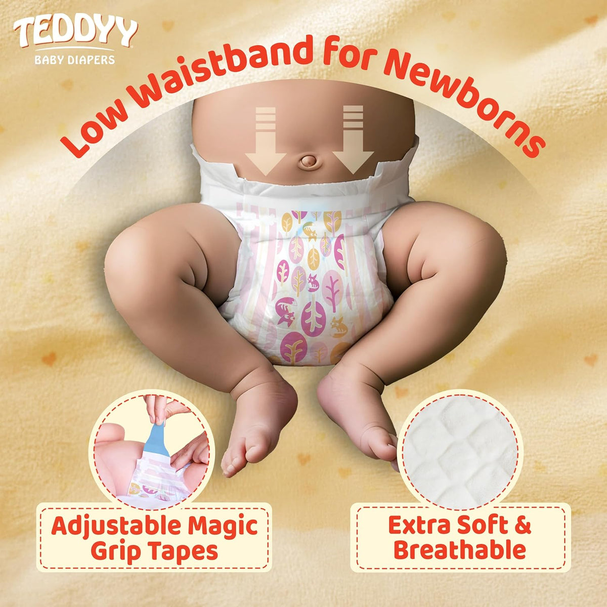 TEDDYY Premium Baby NB Size Diaper Tape Style | 66 Count (New Born)