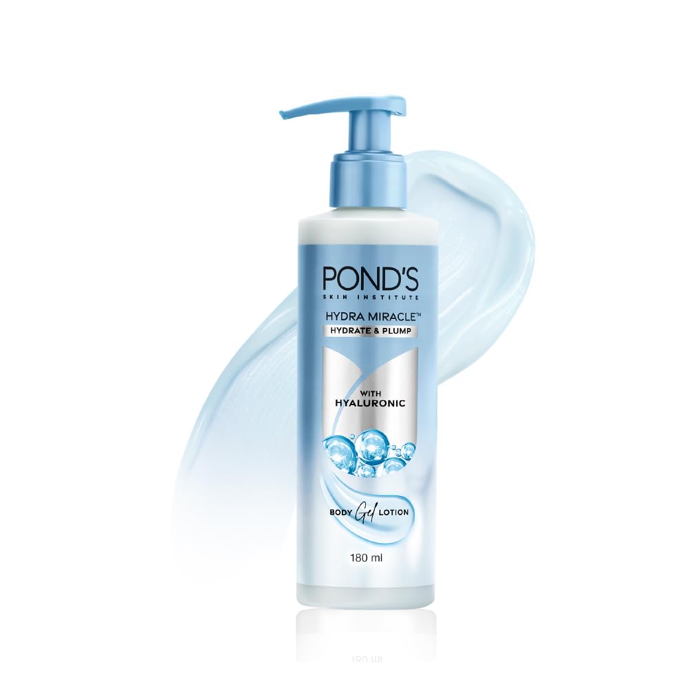 Pond's Hydra Miracle Hydrating Gel Body Lotion | Gives Hydrated Plump Skin| Hyaluronic Acid & Vitamin E & Niacinamide Infused Quick Absorbing Non-Sticky Gel Moisturizer, 180ml