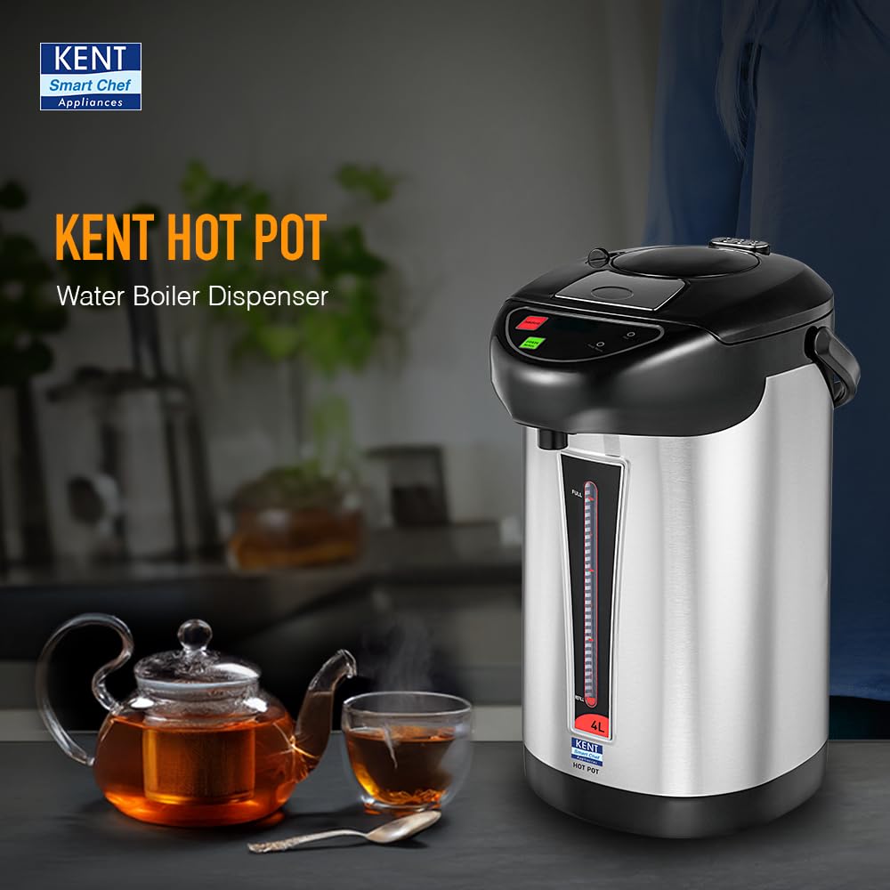 KENT Hot Pot Auto Electric Kettle with Water Dispenser 4 Liters Storage Capacity 750 Watts Appliance Inner Pot & Plastic Outer Body Reboil Feature Overheating Protection Silver