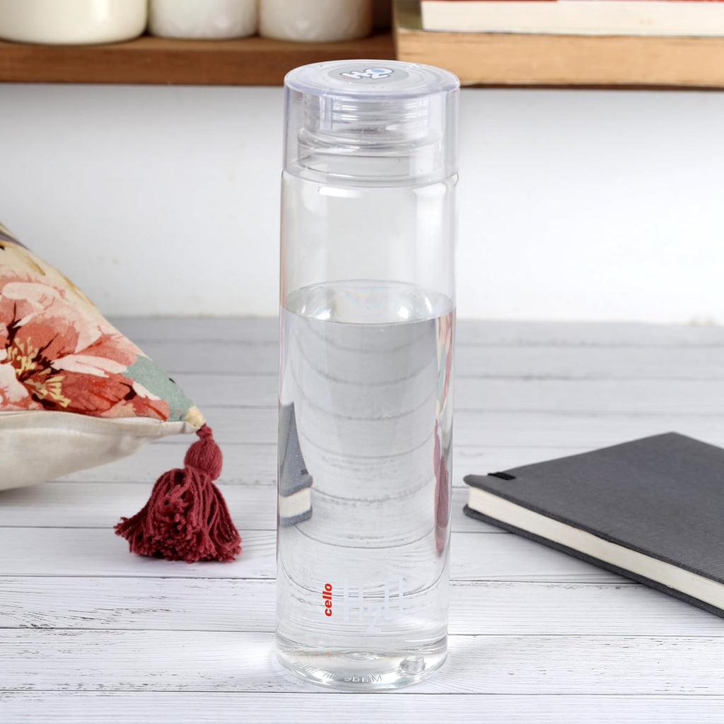 CELLO H2O Round Unbreakable Plastic Water Bottle Premium Edition | Lid is sealed by a silicone ring | Leak proof & break-proof | 1 Liter | Clear