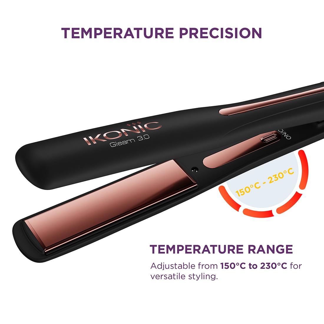Ikonic Professional Gleam 3.0 Hair Straightener For Women, 1 Inch Titanium Rose Gold Floating Plates,Digital Temperature Control 150°C-230°C , Instant Heat-Up , Auto Shut-Off Safety, Professional Salon Hair Styling, Black