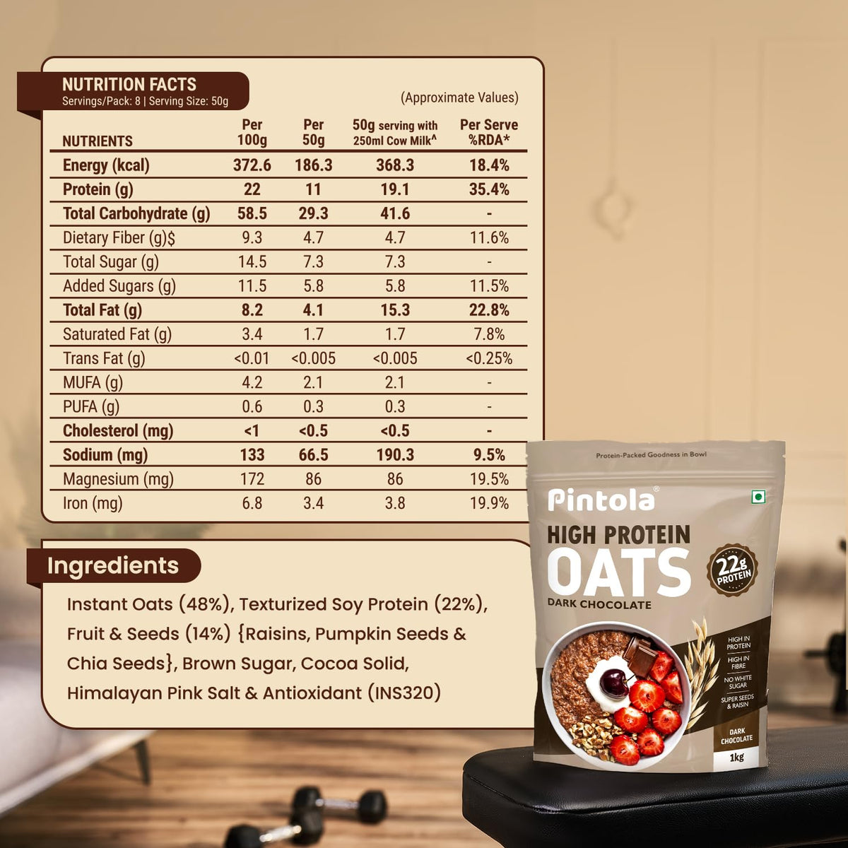 Pintola High-Protein Oats Combo: Dark Chocolate 1kg + 400g | 22g Protein, No Refined Sugar, Almonds, Raisins, Pumpkin & Chia Seeds, 8g Fibre, Gluten-Free Breakfast Cereal