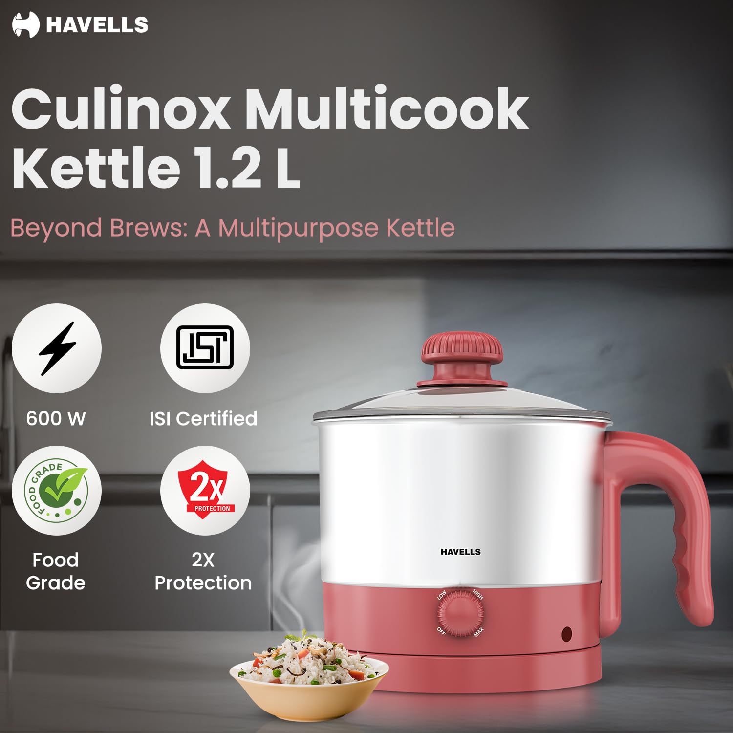 Havells Culinox Multicook Kettle| 1.2 L Capacity| Food Grade Body with Cool Touch Handle| 3 Temperature Modes| Double Safety Protection| SS 304 Ring Glass Lid| 2 Years Door Step Warranty by Havells