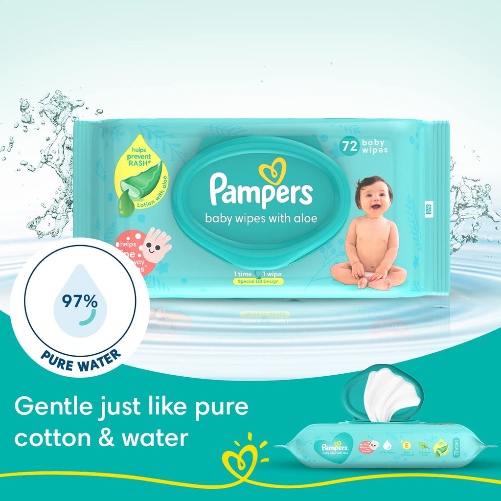 Pampers Baby Gentle Wet Wipes with Lid 144 Count (72 X Pack of 2) | with Aloe Vera and Vitamin E | 97% Pure Water | Paraben free | Combo Pack