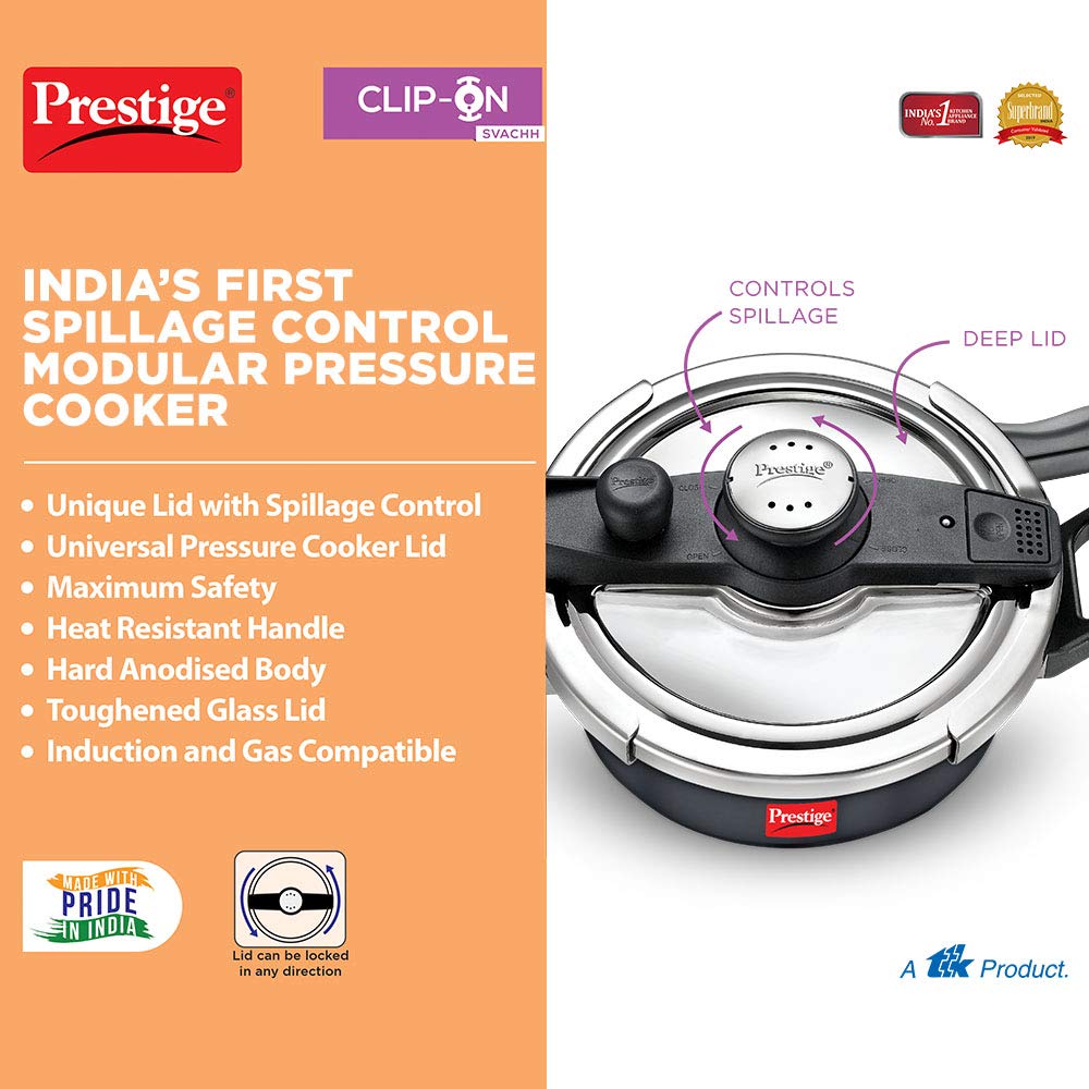 Prestige Svachh Clip-on 5 Liter Hard Anodised Outer Lid Aluminium Pressure Cooker, Black