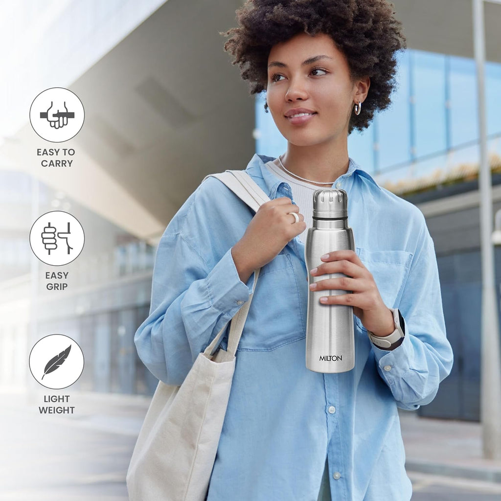 MILTON Elate 750 Stainless Steel Water Bottle 620 ml, Single Walled, ISI Certified I Leak Proof Lid, Rust Proof I For School, Office, Gym I Silver