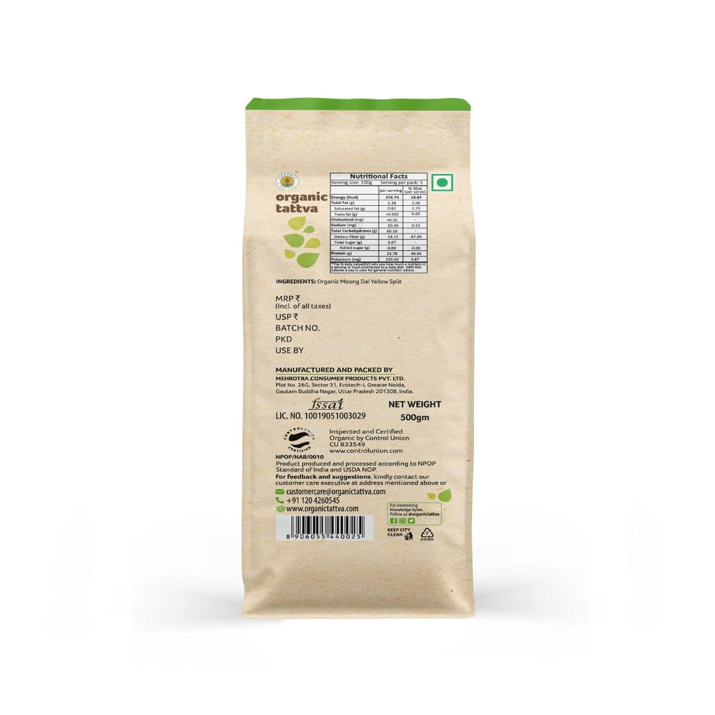 Organic Tattva Split Yellow Moong Dal, 500g Each, Unpolished &amp; Pure, 4 Pack