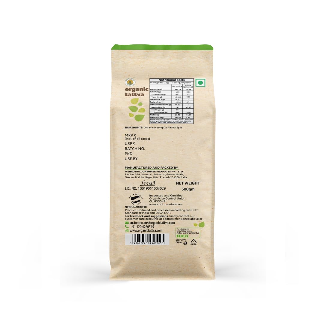 Organic Tattva Split Yellow Moong Dal, 500g Each, Unpolished &amp; Pure, 4 Pack
