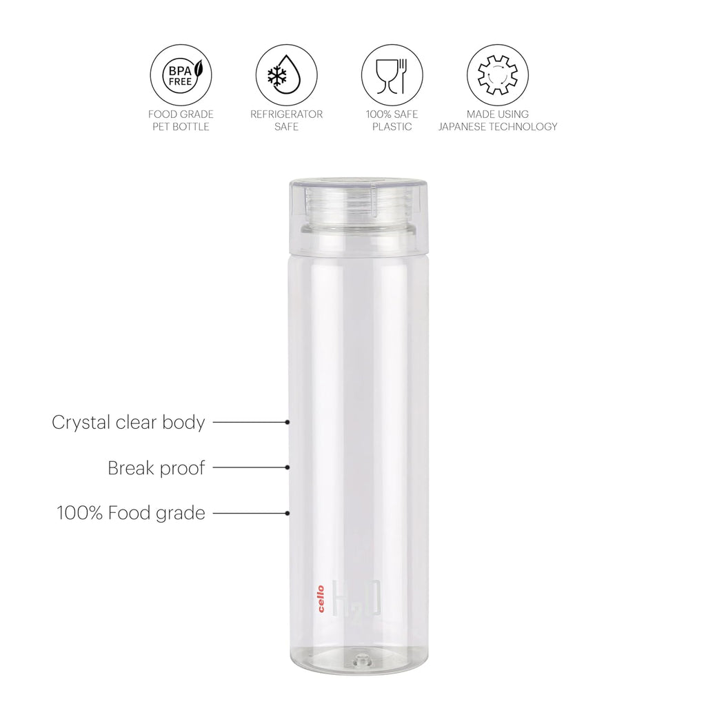 CELLO H2O Round Unbreakable Plastic Water Bottle Premium Edition | Lid is sealed by a silicone ring | Leak proof & break-proof | 1 Liter | Clear