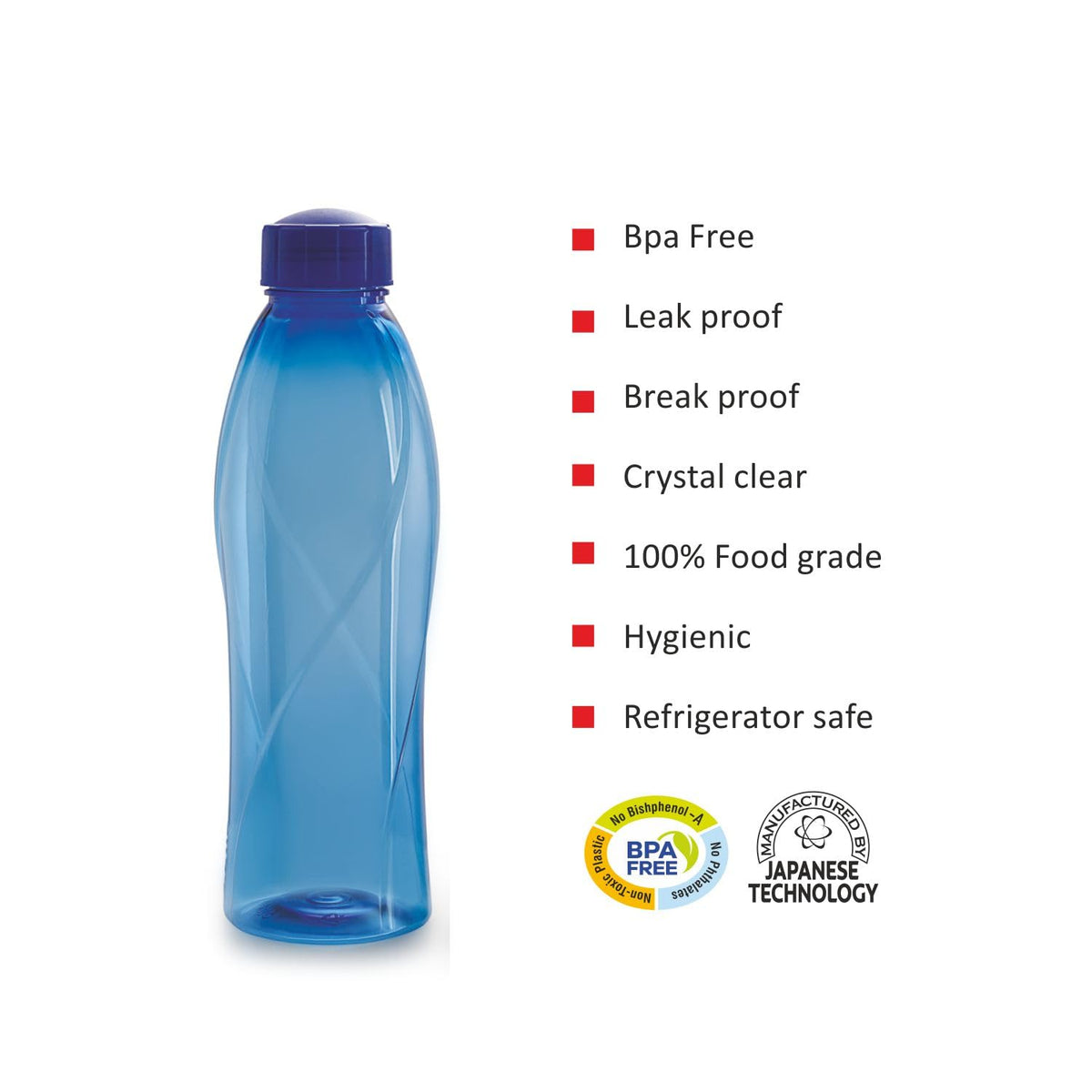 CELLO Texas PET Bottle | Leak proof and Break proof | Perfect for School, College, Work, and Outdoor adventures Water Bottle | 1 Litre, Set of 6 | Blue