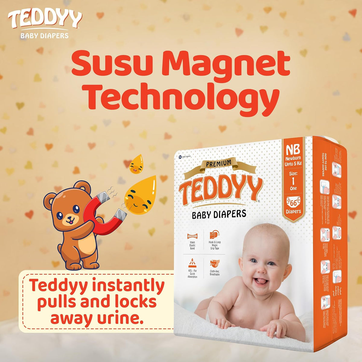 TEDDYY Premium Baby NB Size Diaper Tape Style | 66 Count (New Born)