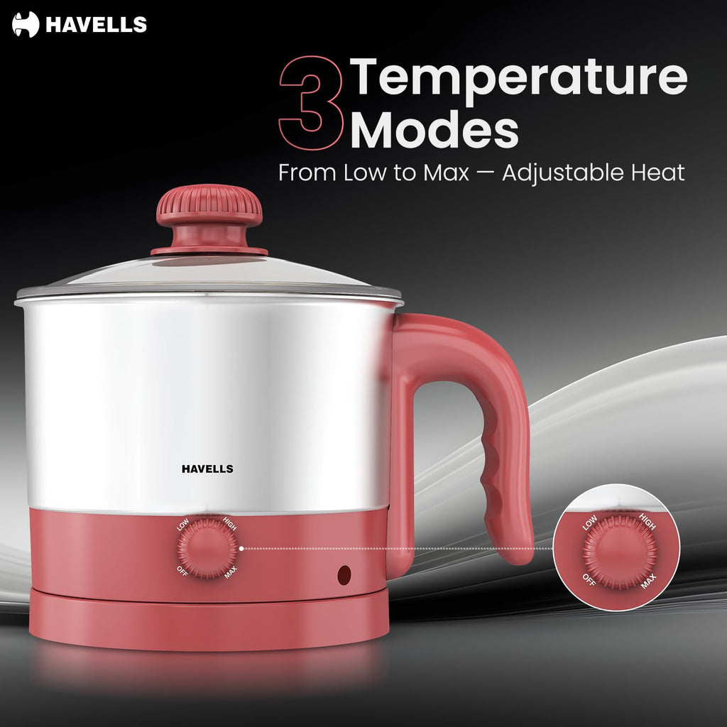 Havells Culinox Multicook Kettle| 1.2 L Capacity| Food Grade Body with Cool Touch Handle| 3 Temperature Modes| Double Safety Protection| SS 304 Ring Glass Lid| 2 Years Door Step Warranty by Havells
