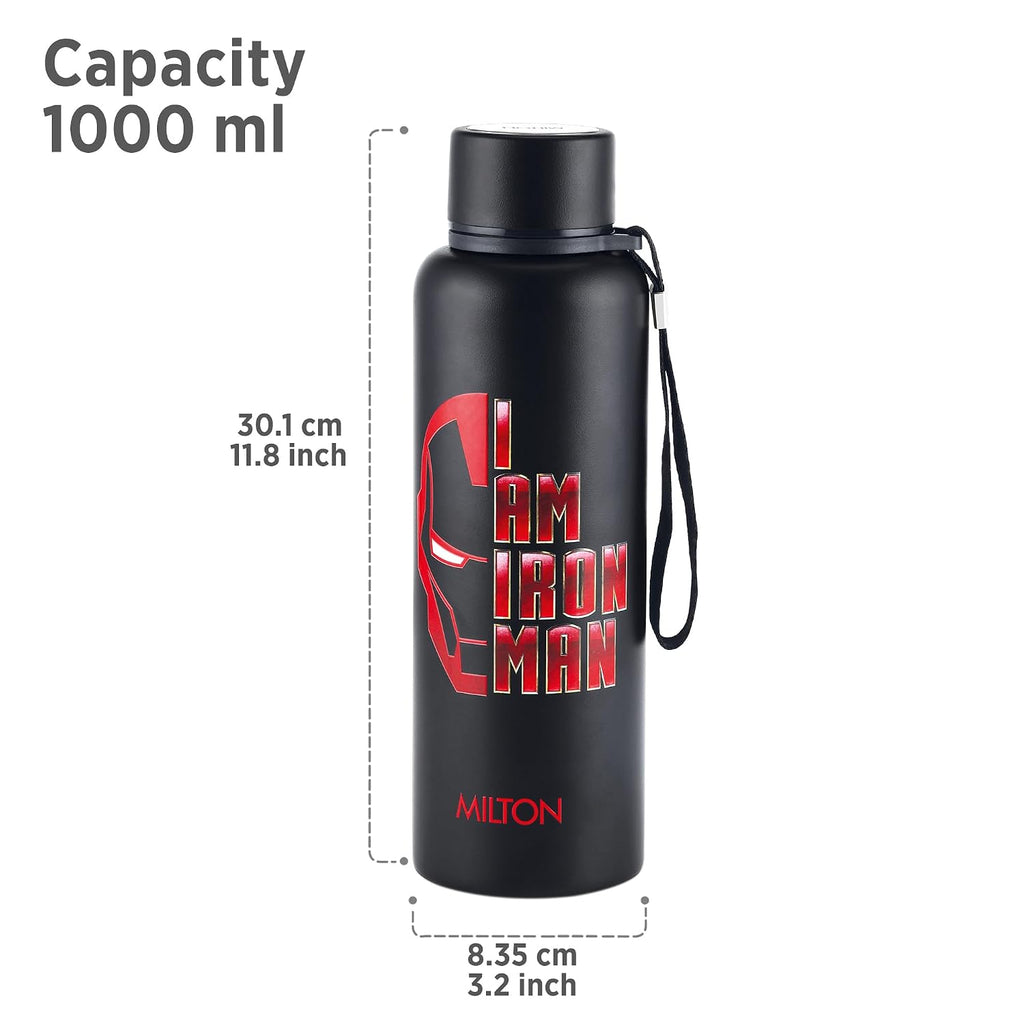 Milton Artedge 1000 Thermosteel ISI Certified Water Bottle, 1000 ml Stainless Steel, 24 Hr Hot and Cold I Leak Proof, Vacuum Insulation, for Office, School, Gym, Black Iron MAN