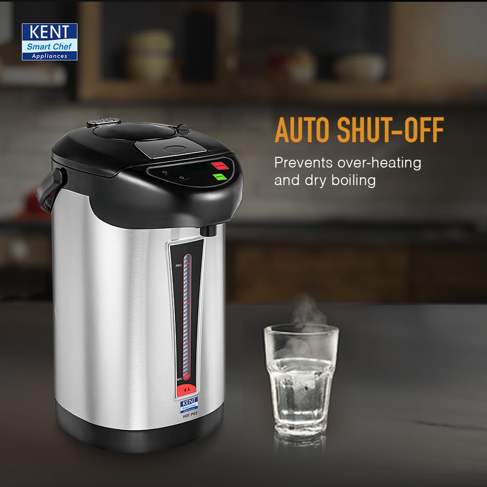 KENT Hot Pot Auto Electric Kettle with Water Dispenser 4 Liters Storage Capacity 750 Watts Appliance Inner Pot & Plastic Outer Body Reboil Feature Overheating Protection Silver