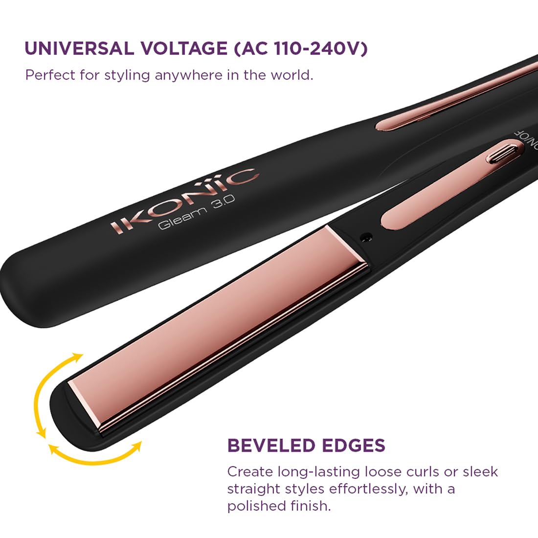 Ikonic Professional Gleam 3.0 Hair Straightener For Women, 1 Inch Titanium Rose Gold Floating Plates,Digital Temperature Control 150°C-230°C , Instant Heat-Up , Auto Shut-Off Safety, Professional Salon Hair Styling, Black