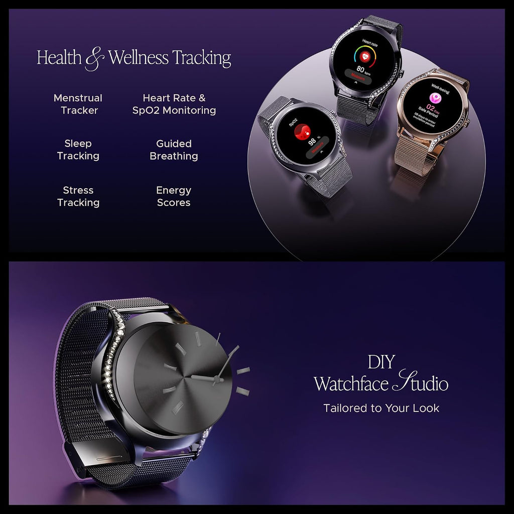 boAt Enigma Gem Women's Luxury Smart Watch w/ 1.19” (3.02cm) AMOLED Display, Emergency SOS Live Location Sharing, Female Wellness, Watch Face Studio, BT Calling, Watch for Woman (Metallic Black)