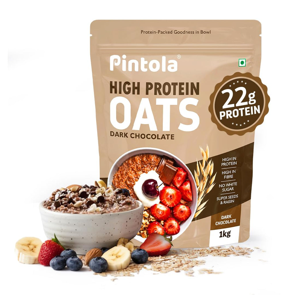 Pintola High-Protein Oats Combo: Dark Chocolate 1kg + 400g | 22g Protein, No Refined Sugar, Almonds, Raisins, Pumpkin & Chia Seeds, 8g Fibre, Gluten-Free Breakfast Cereal
