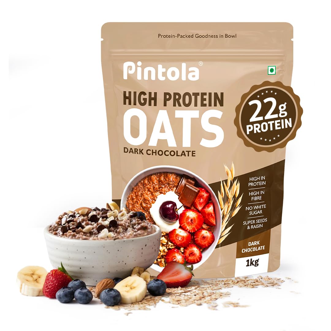 Pintola High-Protein Oats Combo: Dark Chocolate 1kg + 400g | 22g Protein, No Refined Sugar, Almonds, Raisins, Pumpkin & Chia Seeds, 8g Fibre, Gluten-Free Breakfast Cereal