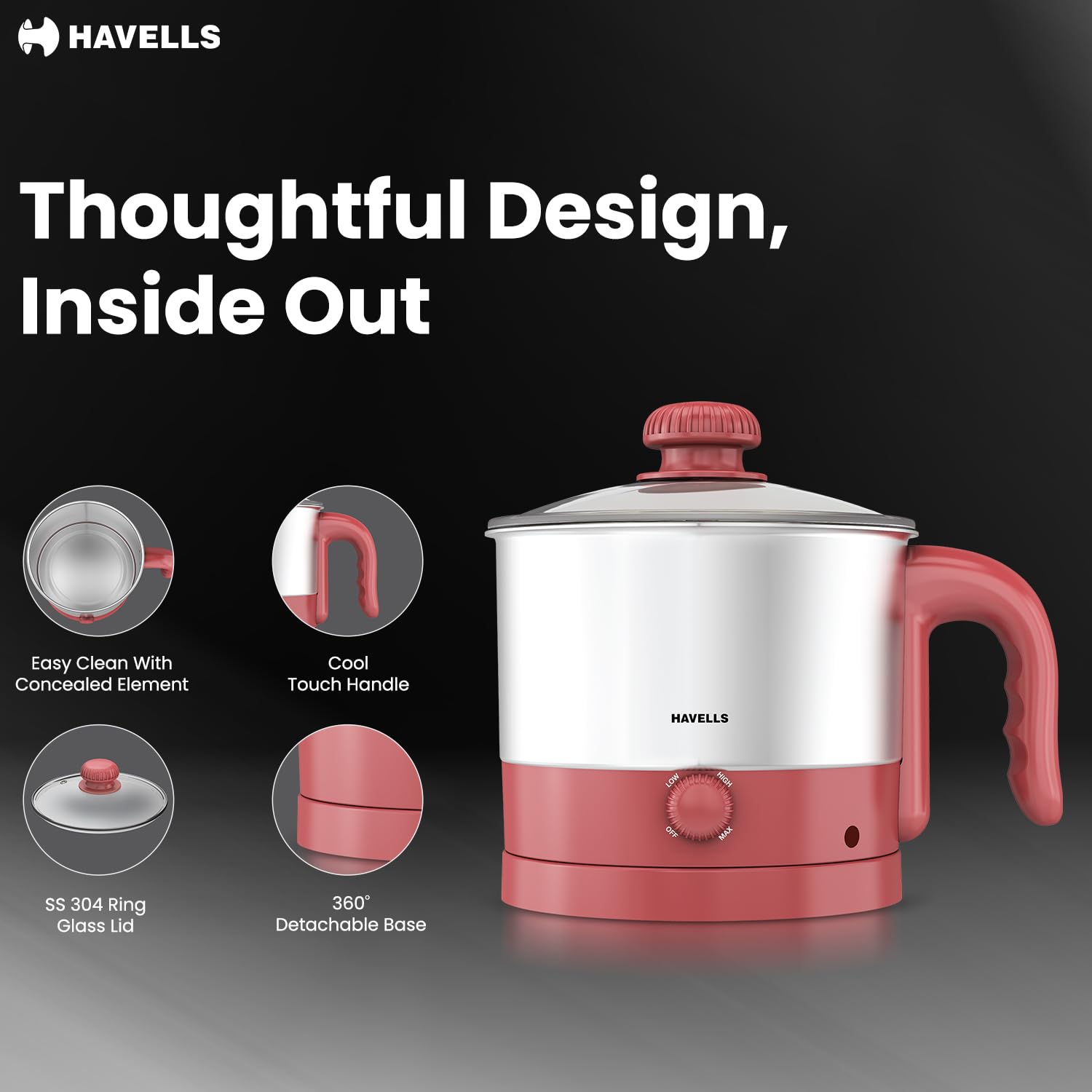 Havells Culinox Multicook Kettle| 1.2 L Capacity| Food Grade Body with Cool Touch Handle| 3 Temperature Modes| Double Safety Protection| SS 304 Ring Glass Lid| 2 Years Door Step Warranty by Havells