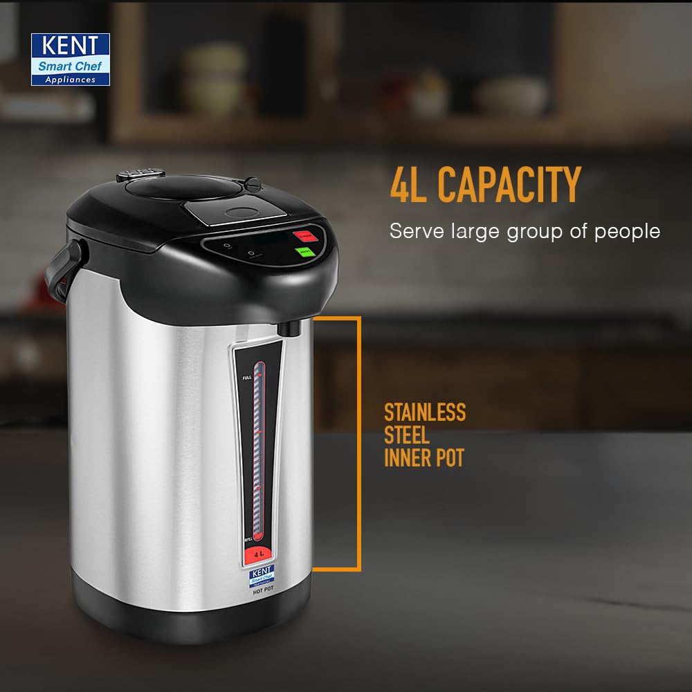KENT Hot Pot Auto Electric Kettle with Water Dispenser 4 Liters Storage Capacity 750 Watts Appliance Inner Pot & Plastic Outer Body Reboil Feature Overheating Protection Silver