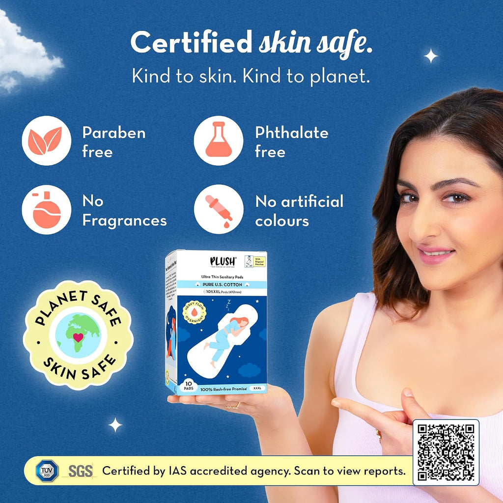Plush Ultra-Thin 10 XXXL - 410mm All Night Sanitary Pads For Women | Super Absorbent, Heavy Flow & Rash Free | Pure U.S. Cotton Sanitary