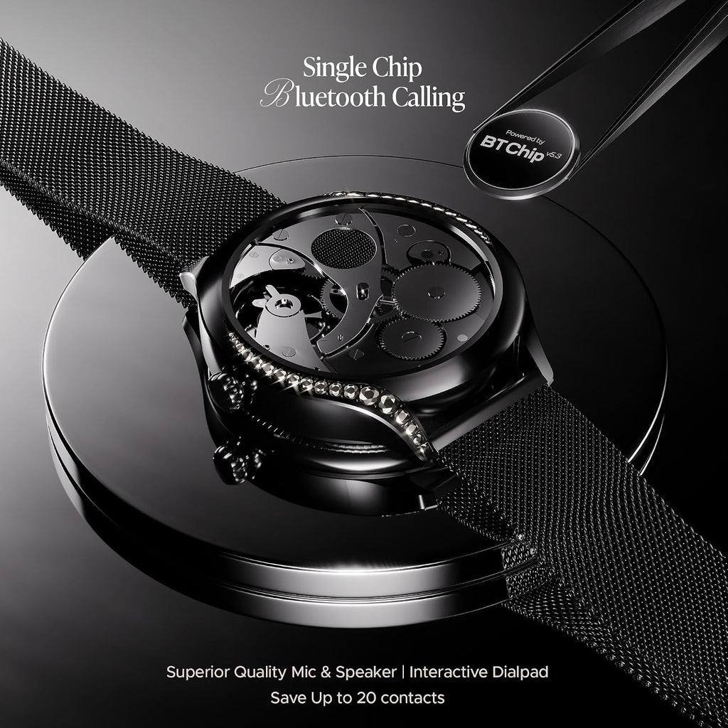 boAt Enigma Gem Women's Luxury Smart Watch w/ 1.19” (3.02cm) AMOLED Display, Emergency SOS Live Location Sharing, Female Wellness, Watch Face Studio, BT Calling, Watch for Woman (Metallic Black)
