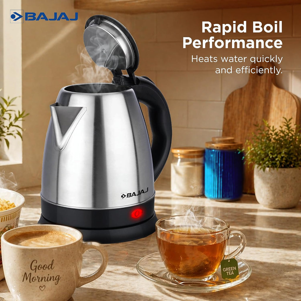 Bajaj KTX 1.5 Litre DLX Electric Kettle | 1350W Kettle With Stainless Steel Body | Cordless Operation | Auto Shut-Off Mechanism | 2-Yr Warranty 【Silver & Black】