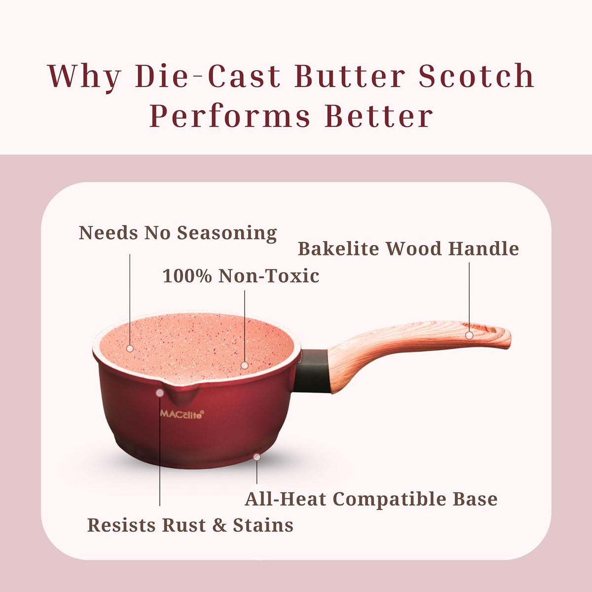 MACclite Butter Scotch Die Cast Non Stick Sauce Pan 16 cm Dia 1.4 Liter,Tea,Milk,Maggie Nonstick Sauce Pan with 5 Layer Coating,Gas & Induction Stove Friendly, PFOA&PFOS Free,Safe Healthy&Toxic-Free
